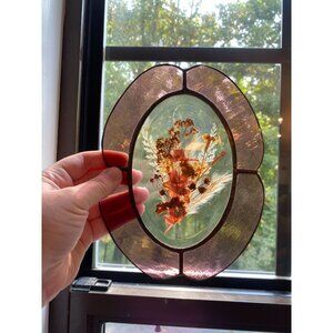 Vintage Stained Glass Sun Catcher Pressed Flowers Hanging 8"